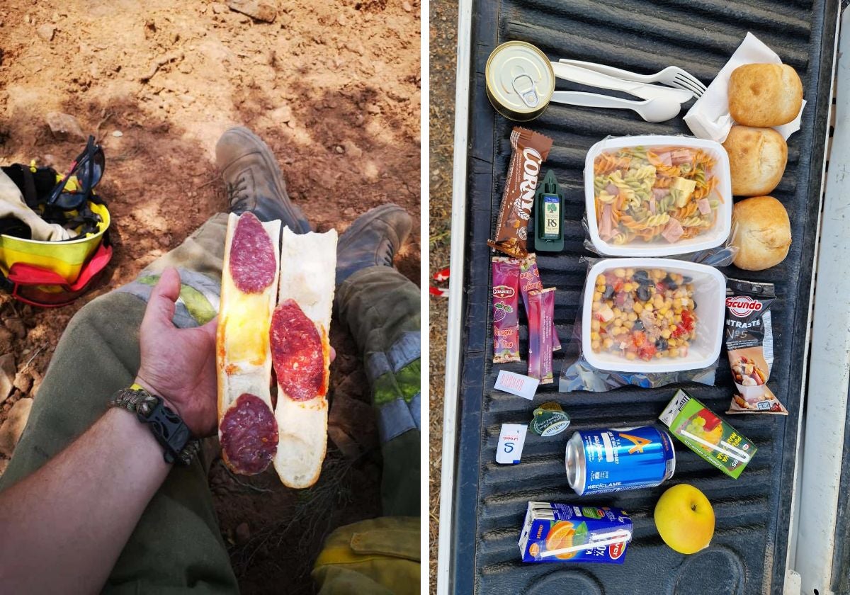 A la izquierda, un agente forestal sostiene bocadillo de chorizo. A la derecha, el nuevo menú que se ha elaborado.