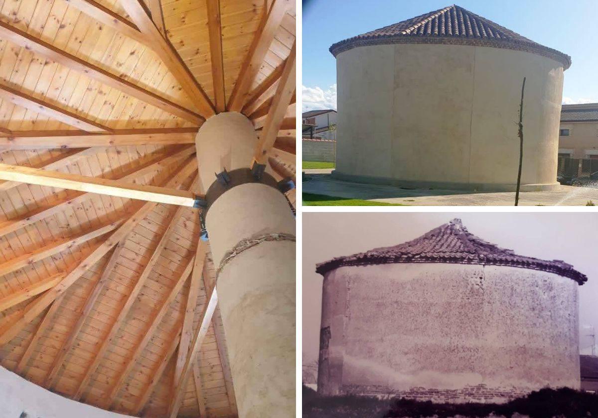 Interior del palomar que será centro de interpretación de la naturaleza. A la derecha, imagen actual y antigua del palomar.