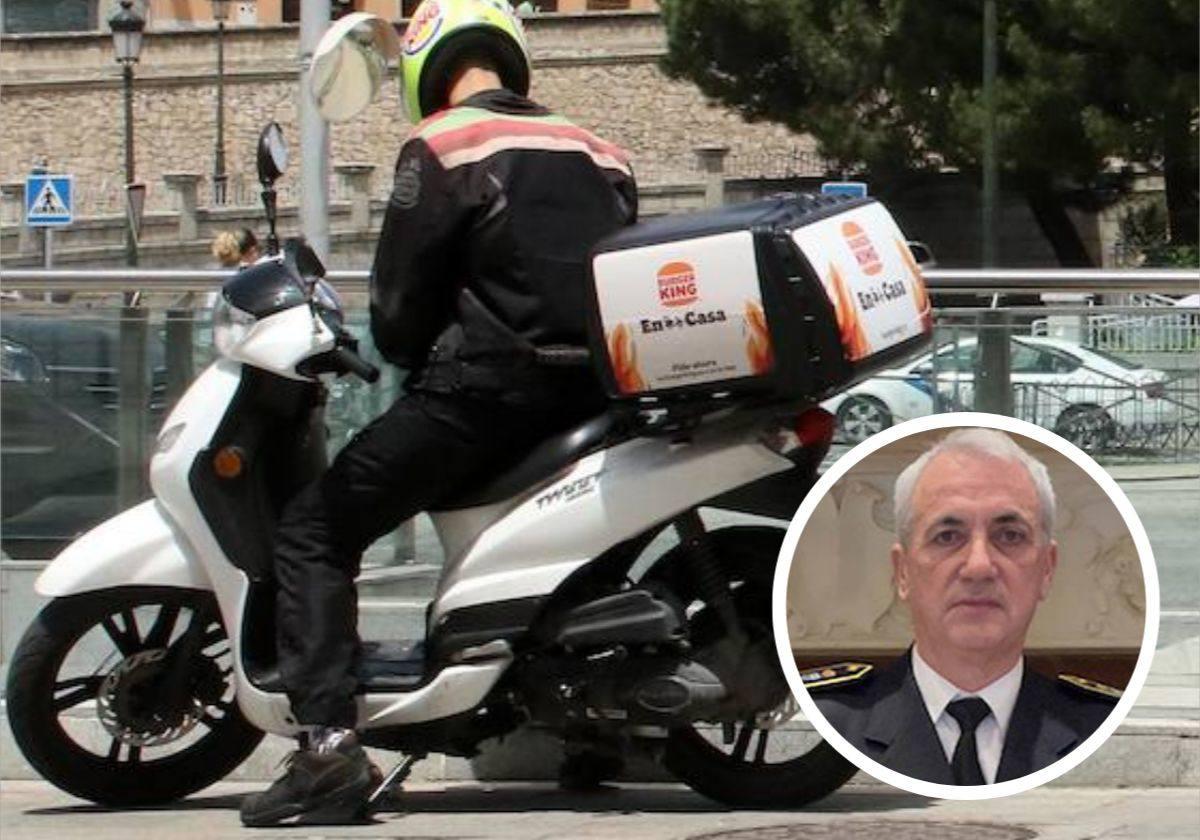 En el círculo, el jefe de la Policía Local de Segovia, Vicente Sanz, y de fondo, un 'rider' de comida a domicilio.