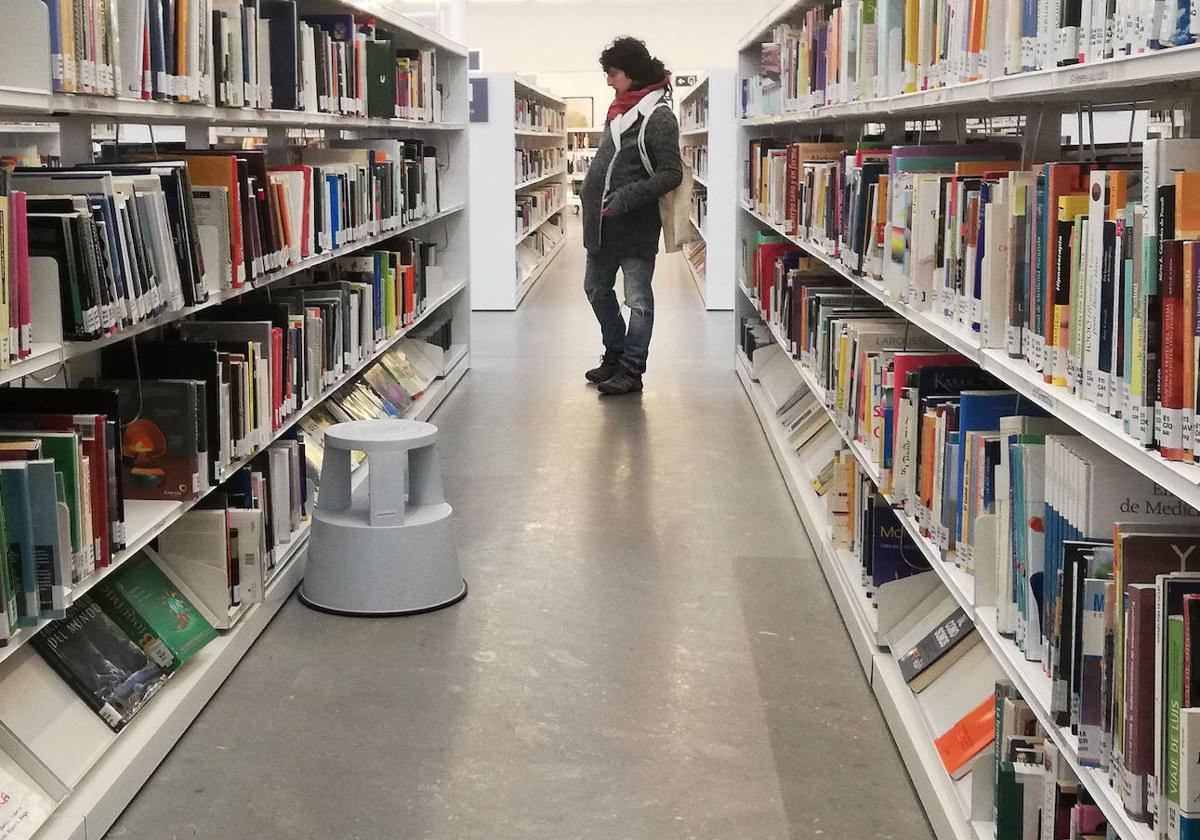 Una usuaria de la Biblioteca Pública de Segovia observa unos libros en uno de los pasillos.