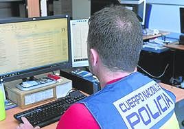 Un agente de Policía Nacional revisa un ordenador.
