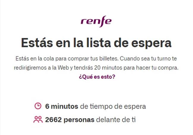 Ejemplo de la cola de espera durante la compra de un billete Renfe.