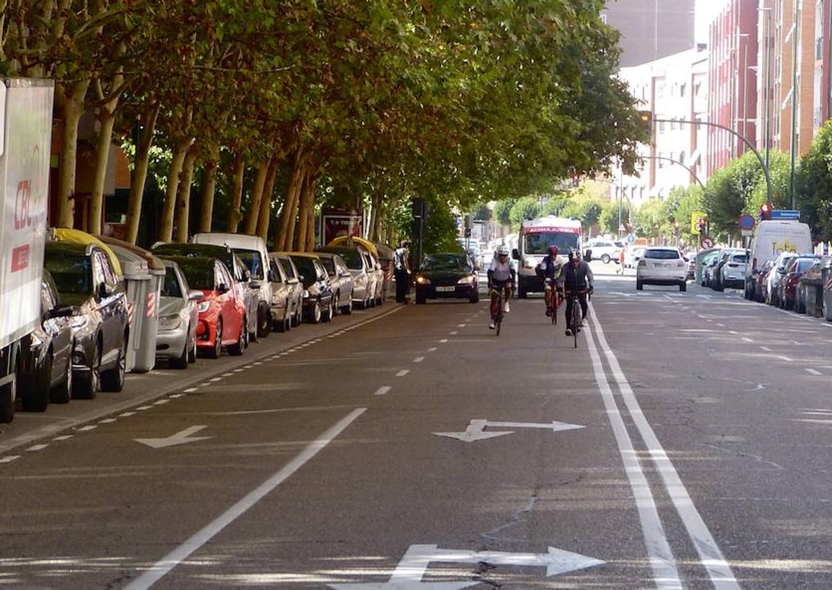 Imagen secundaria 1 - Puente de La Tía Juliana y ciclistas por el Paseo de Juan Carlos I, en el tramo sin carril bici que llega desde San Isidro hasta General Shelly. Salida del carril bici a la altura de la calle Faisán. 