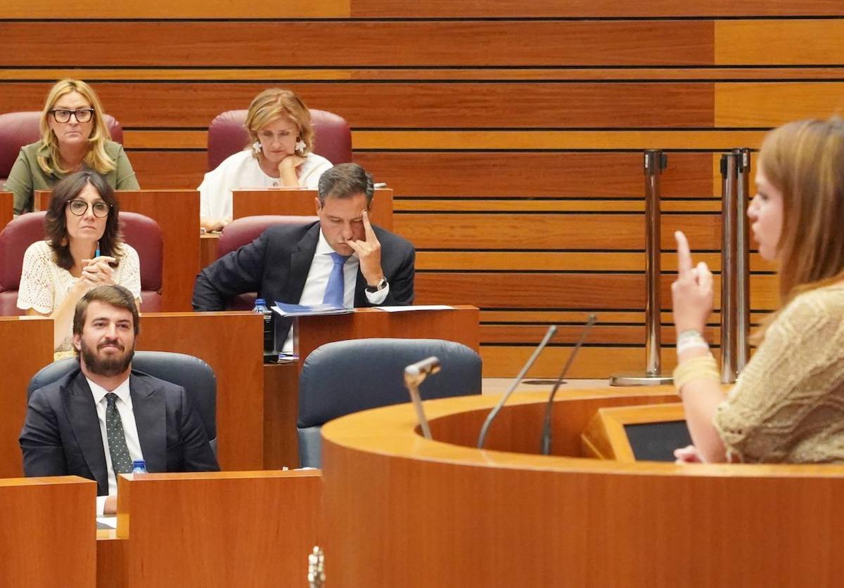 Patricia Gómez Urbán (PSOE), durante una intervención en el Pleno, con Juan García-Gallardo (Vox) y la bancada del PP al fondo.