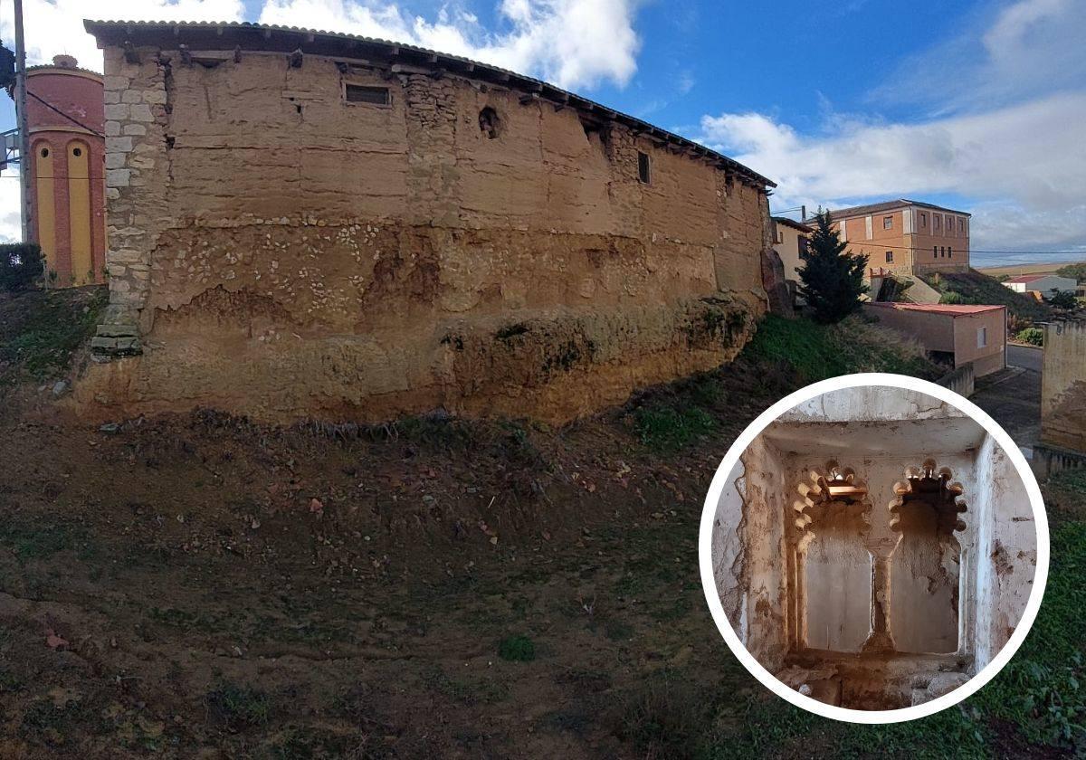 Aspecto actual en el que se encuentra el muro norte. En el círculo, una de las ventanas geminadas.