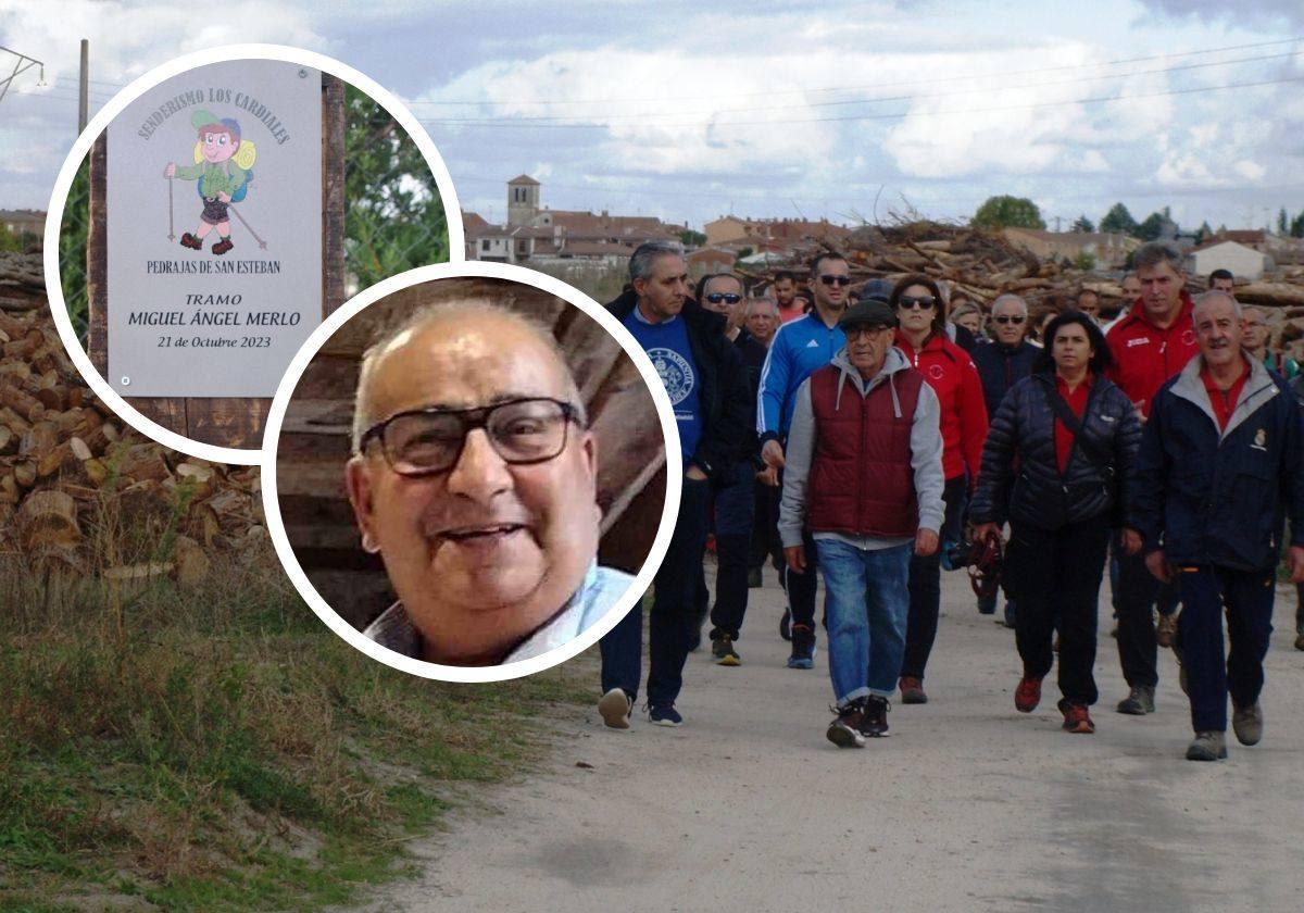 Participantes en el homenaje. En el círculo, Miguel Ángel Merlo y placa en su memoria.