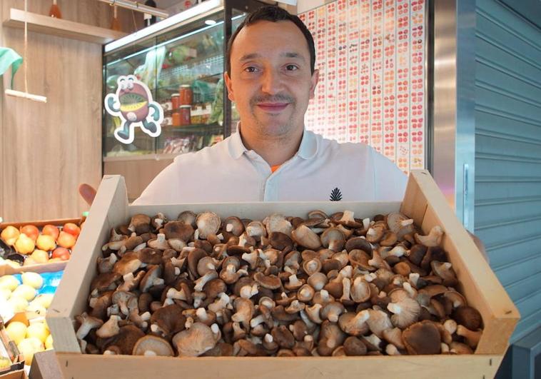 Óliver Porro muestra una caja de setas cardo en su frutería en el Mercado del Val de Valladolid.