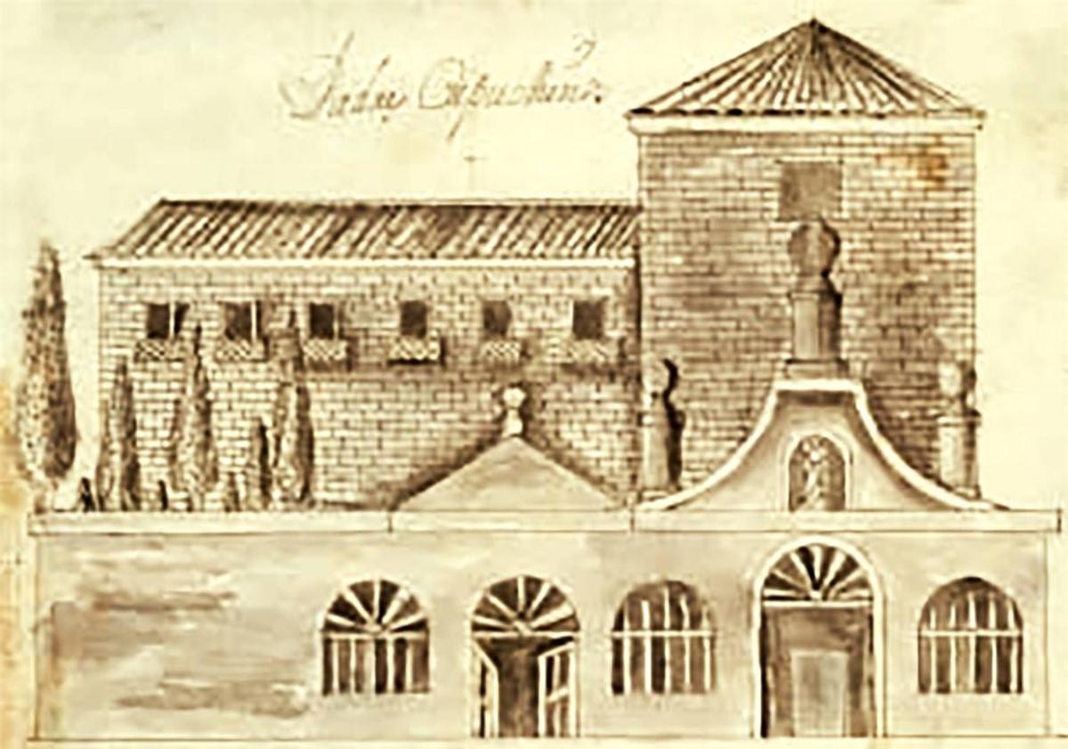 Imagen principal - Arriba, el convento de los Capuchinos a mediados del siglo XVIII (Ventura Pérez), Debajo, a la izquierda, la iglesia de San Juan de Letrán en el siglo XIX (Jean Laurent). A la derecha, fachada del convento de los Recoletos Agustinos, hacia 1759 (Ventura Pérez, recogido en una copia de la Historia de Valladolid de Antolínez de Burgos)