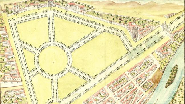 Imagen después - El Campo Grande y su entorno dibujados en el plano de Bentura Seco (1738,) con los edificios más relevantes coloreados sobre la copia del original realizada en 1901 por J. Agapito y Revilla; y el primer trazado del Campo Grande y las edificaciones de su perímetro en 1788 en el plano de Diego Pérez Manrique.