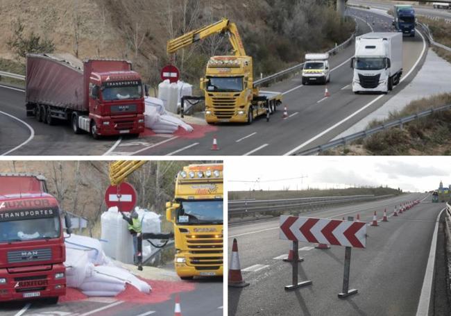 Labores de retirada de la carga del camión y acceso cortado al carril hacia la A-6.