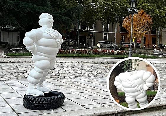 Uno de los muñecos de Michelin repartidos por la ciudad. En el círculo, Bibendum que ha amanecido sin cabeza.