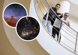 Los investigadores de la Universidad de Valladolid, Fernando Buitrago y Benjamín Sahelices, en la facultad de Informática. En detalle, el cúmulo de galaxias de Perseo y la nebulosa de la Cabeza de Caballo, imágenes captadas por el telescopio Euclid.