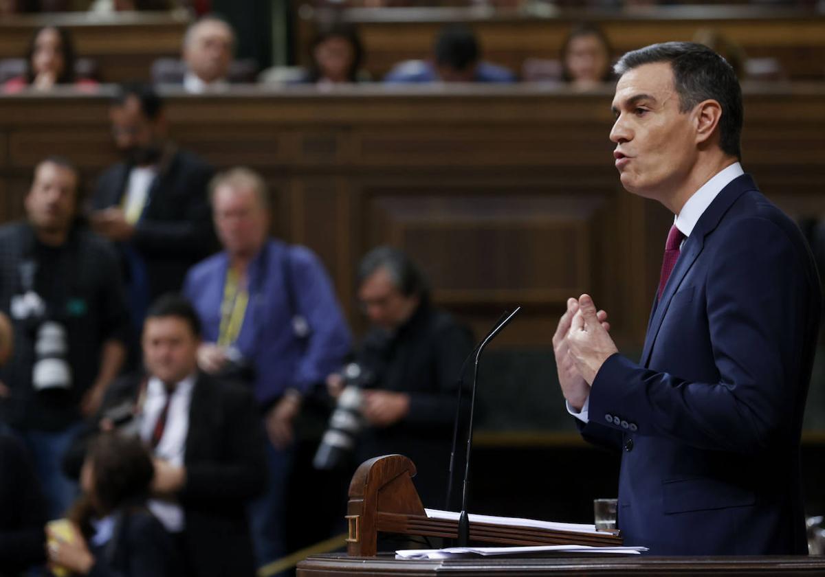 Pedro Sánchez, durante su intervención en el Congreso de los Diputados, este miércoles