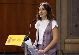 Irene Montero interviene durante el traspaso de su cartera, en la sede del Ministerio de Igualdad.