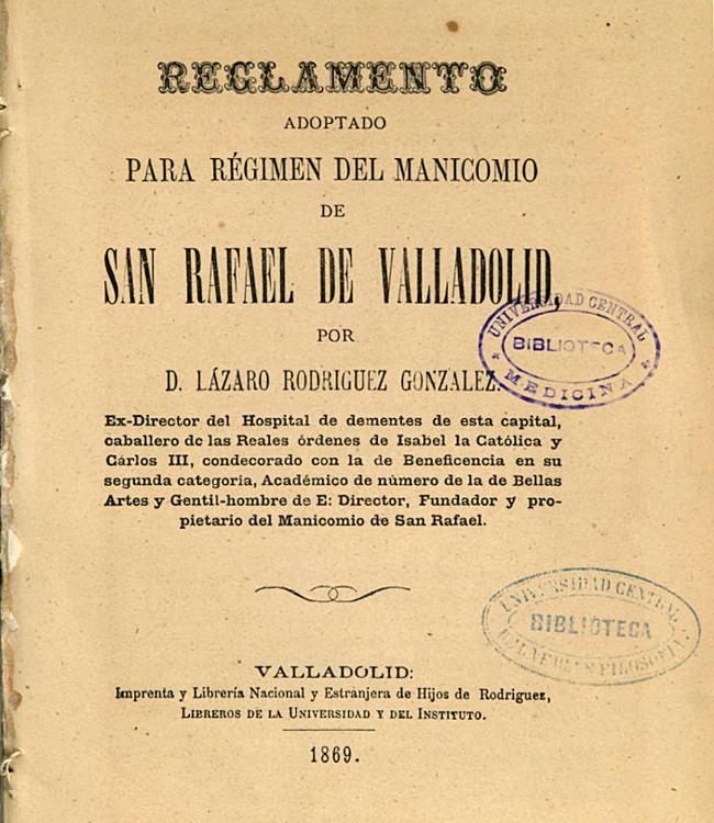 Portada del reglamente del manicomio del Manicomio de San Rafael.