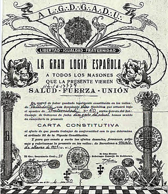 Carta constitutiva de la lógia Fraternidad nº 60 en Valladolid el 18 de marzo de 1929.