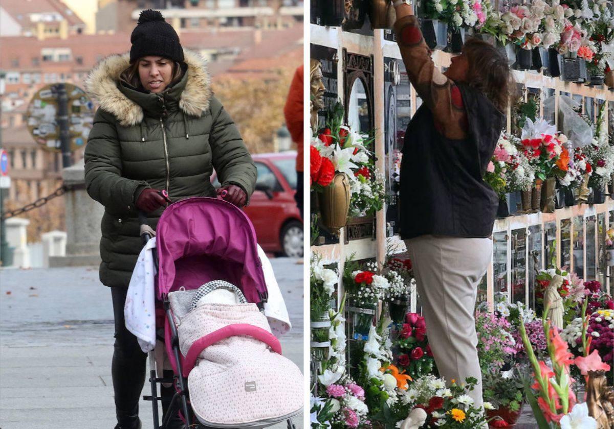 Una madre pasea con el carrito de un bebé (a la izquierda) y una mujer coloca unas flores en la sepultura de un familiar en el cementerio de Segovia.