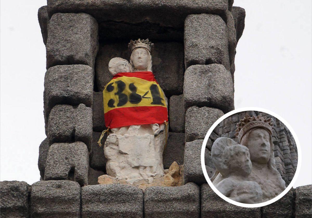 La Virgen del Acueducto envuelta en una bandera de España con la promoción de los artilleros. En detalle, la réplica de la imagen que se colocó en 2019 en el Acueducto.