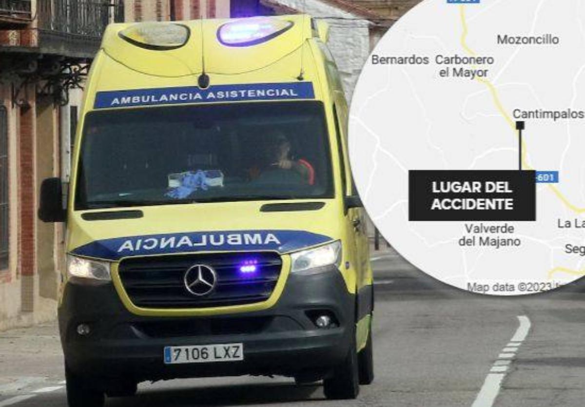 Una ambulancia de soporte vital básico de servicio en la provincia y la localización del accidente laboral en el municipio de Cantimpalos.