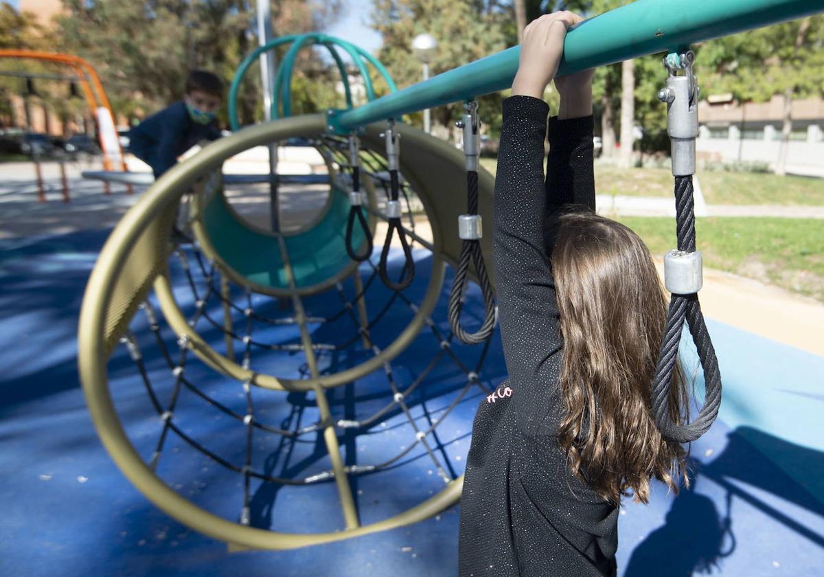 Unos niños juegan en los columpios de un parque.