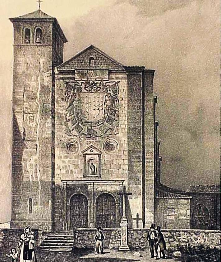 Imagen secundaria 2 - Arriba, la iglesia de la Magdalena y la casa parroquial, en la actualidad. Debajo, a la izquierda, el escudo del obispo Pedro de la Gasca, obra de Esteban Jordán. A la derecha, dibujo de la iglesia en el siglo XIX (F. J. Parcerisa Boada).