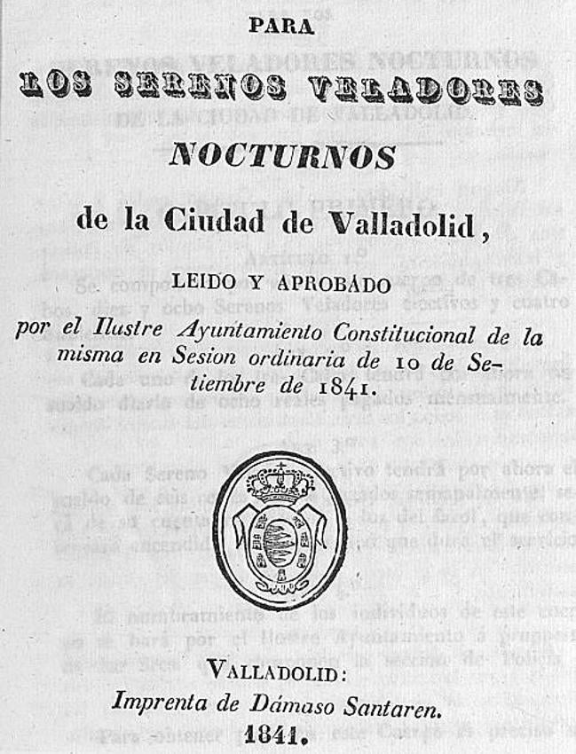 Portada del Reglamento de Serenos de Valladolid, aprobado en 1841.