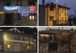 Algunas de las viviendas que este año han colocado iluminación navideña en sus fachadas en Caballar (Segovia).