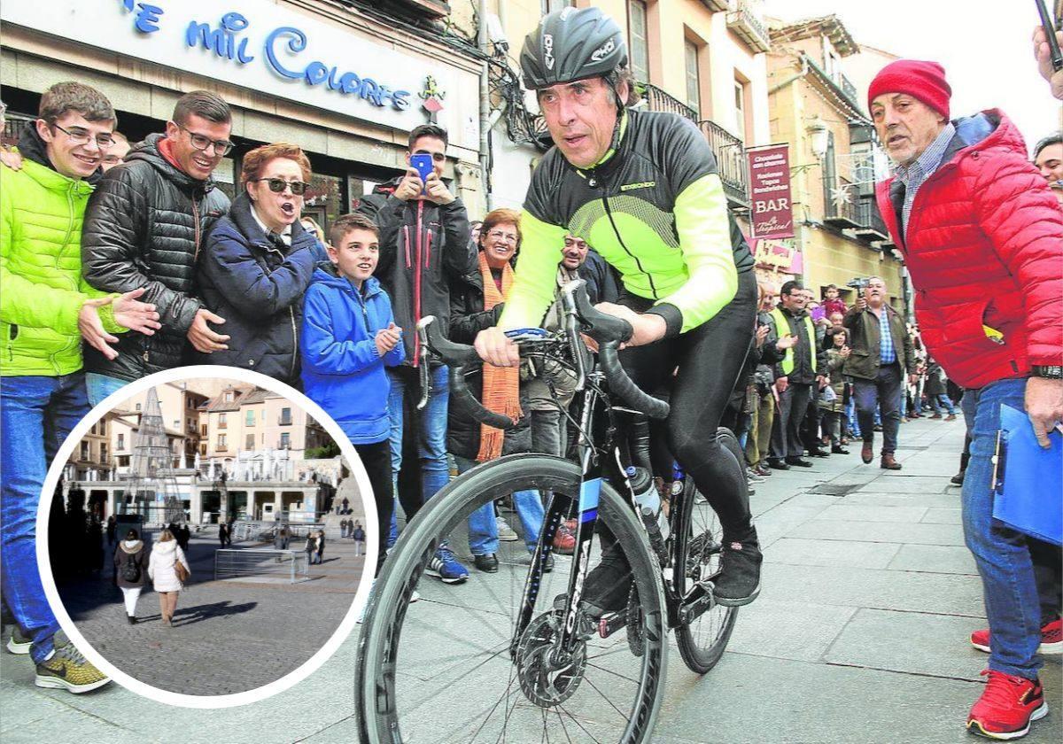 Perido Delgado en una anterior edición de la Carrera del Pavo en Segovia. En el círculo, la bajada al Azoguejo, donde está instalado el árbol de Navidad.