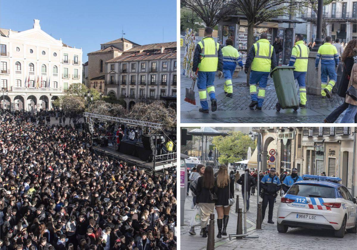 Masiva asistencia a la Tardebuena en la Plaza Mayor de Segovia. Derecha, arriba, operarios de limpieza velan por el recinto, y abajo, Policía Nacional controla el acceso por una calle adyacente.