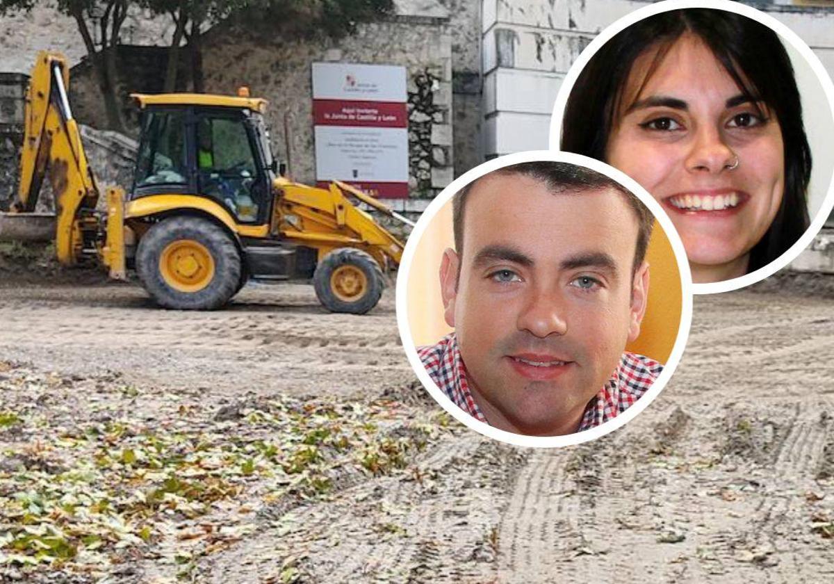 Al fondo, una excavadora en la calle que une la plaza de la Soledad con la Huerta de la Alegría en Cuéllar. En los círculos, el alcalde, Carlos Fraile, y la concejala de Hacienda, Lucía Arranz.