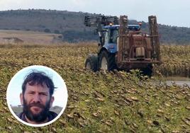 En grande, un tractor en un campo de girasoles; en pequeño, el presidente de UCCL Segovia, César Acebes.