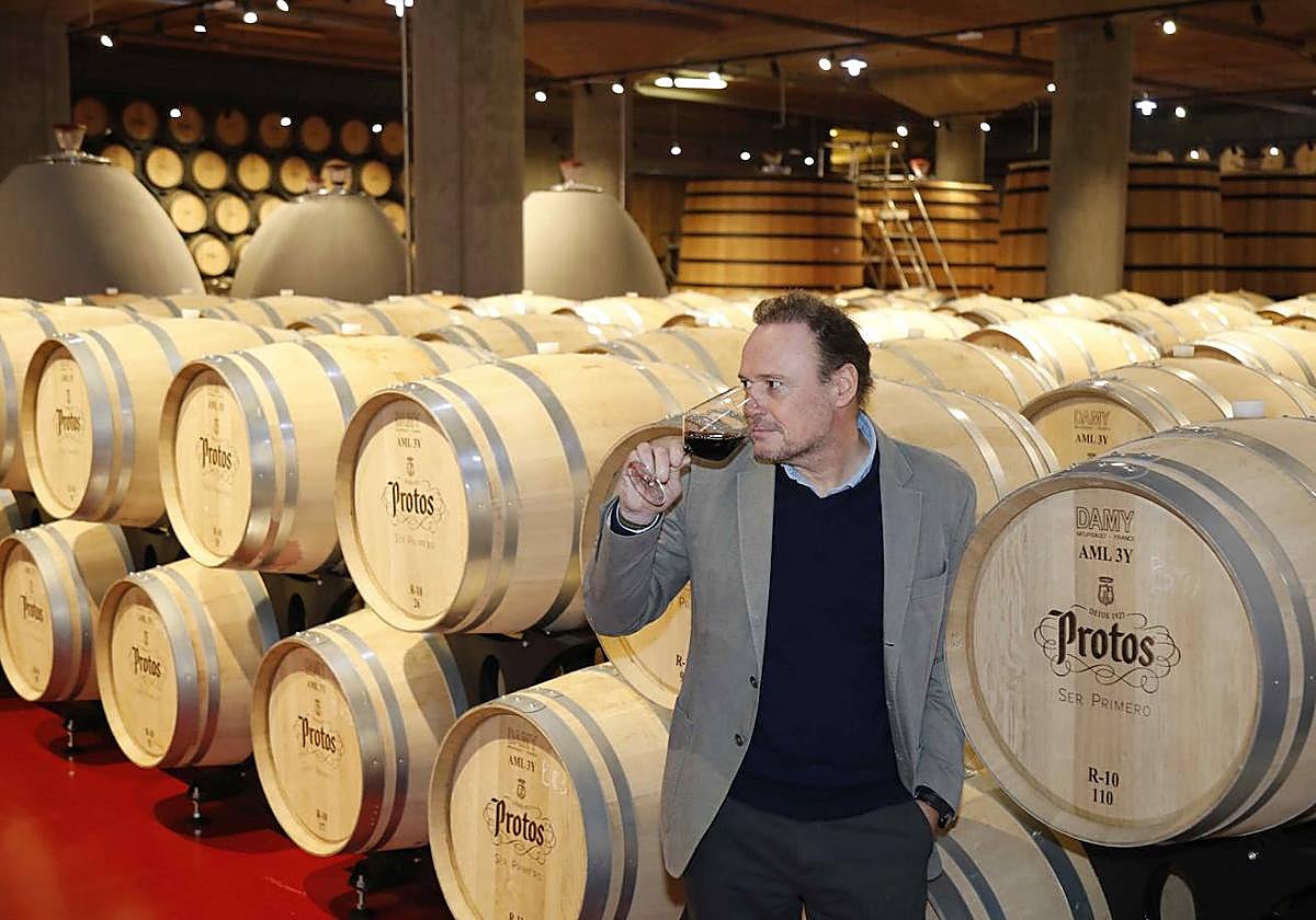 Carlos Villar, en el dormitorio de barricas de Bodegas Protos en Peñafiel.