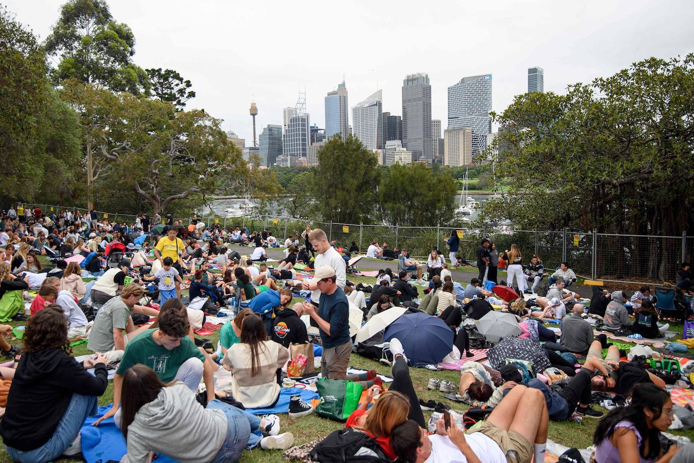 Cientos de australianos se reúnen en el parque de Mrs Macquarie's Point antes del espectáculo de fuegos artificiales de Nochevieja.