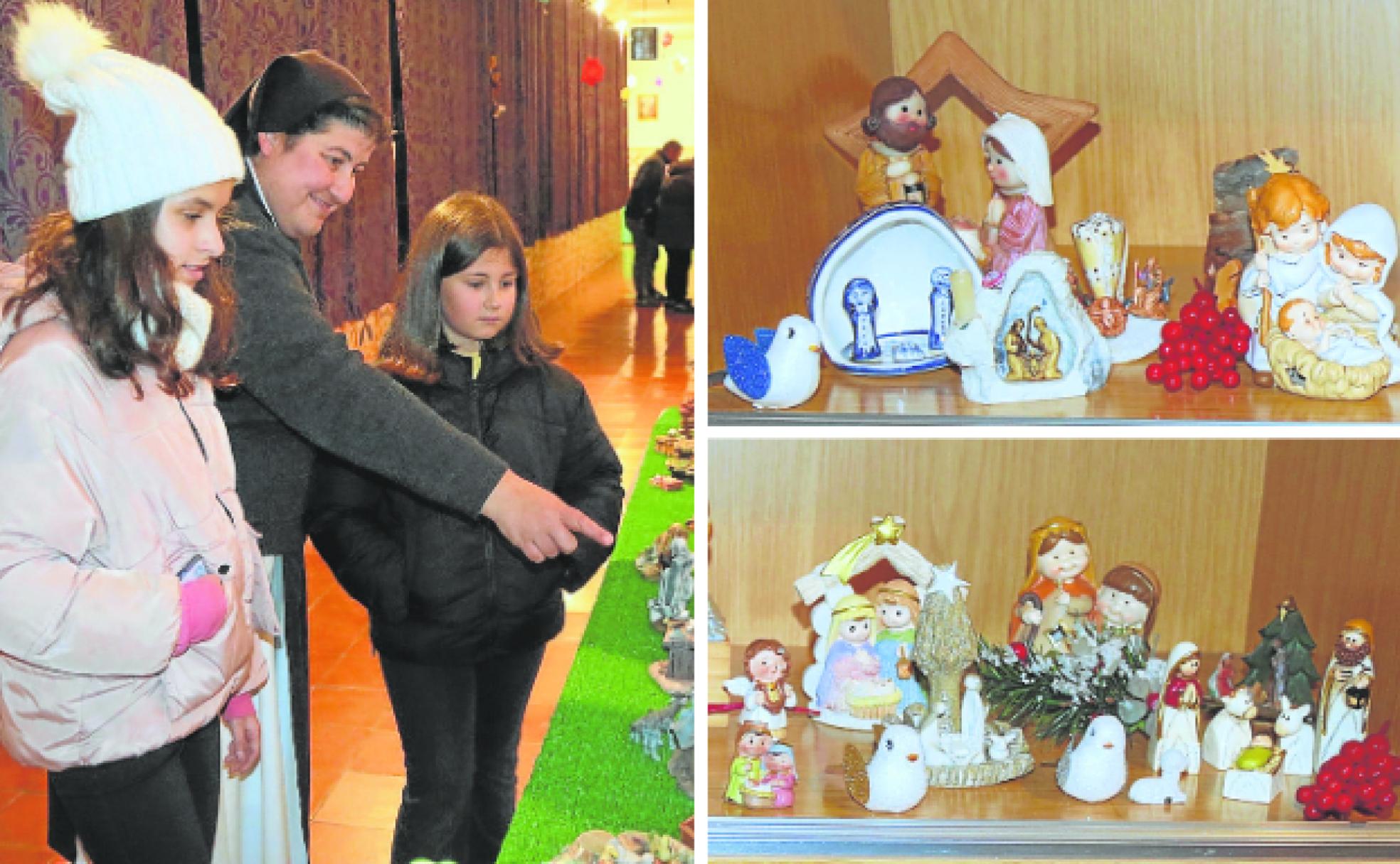 Sor Mónica Vaquero muestra los belenes a dos visitantes. A la derecha, distintas piezas que se exponen.