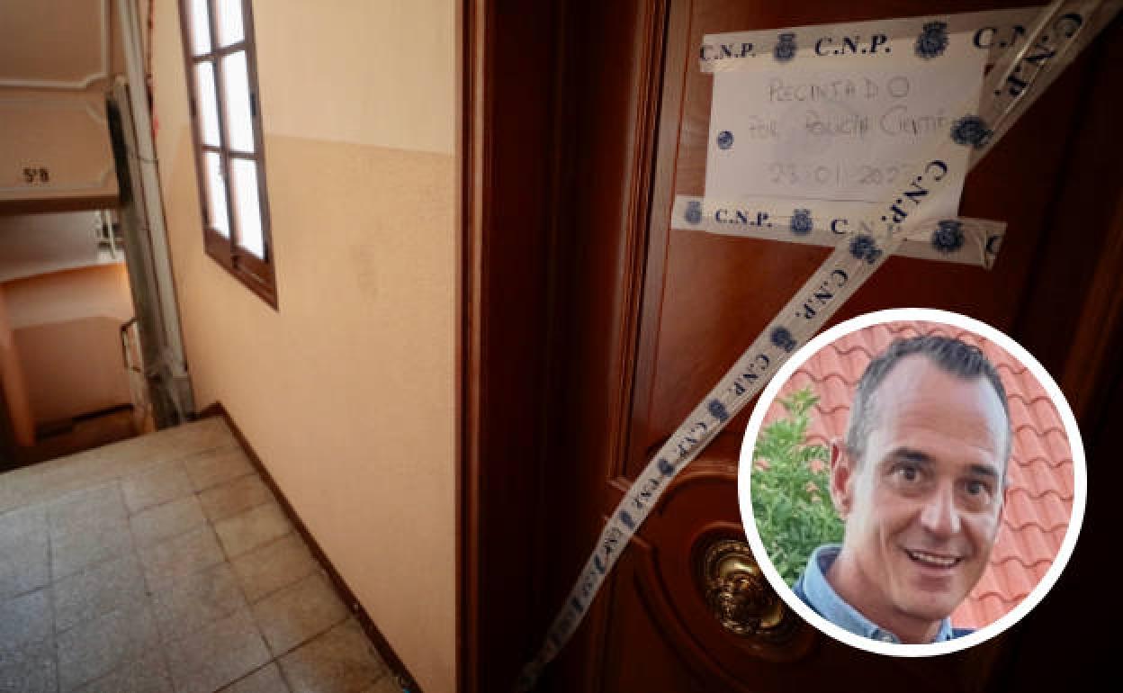 Puerta precintada en el número 66 del Paseo Zorrilla, vivienda en la que tuvo lugar el doble crimen. En el círculo, el presunto asesino, David Maroto.