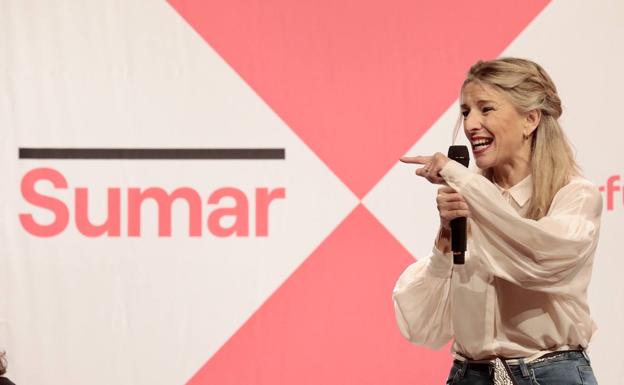 Yolanda Díaz, durante el acto de escucha de la plataforma Sumar en Valladolid. 