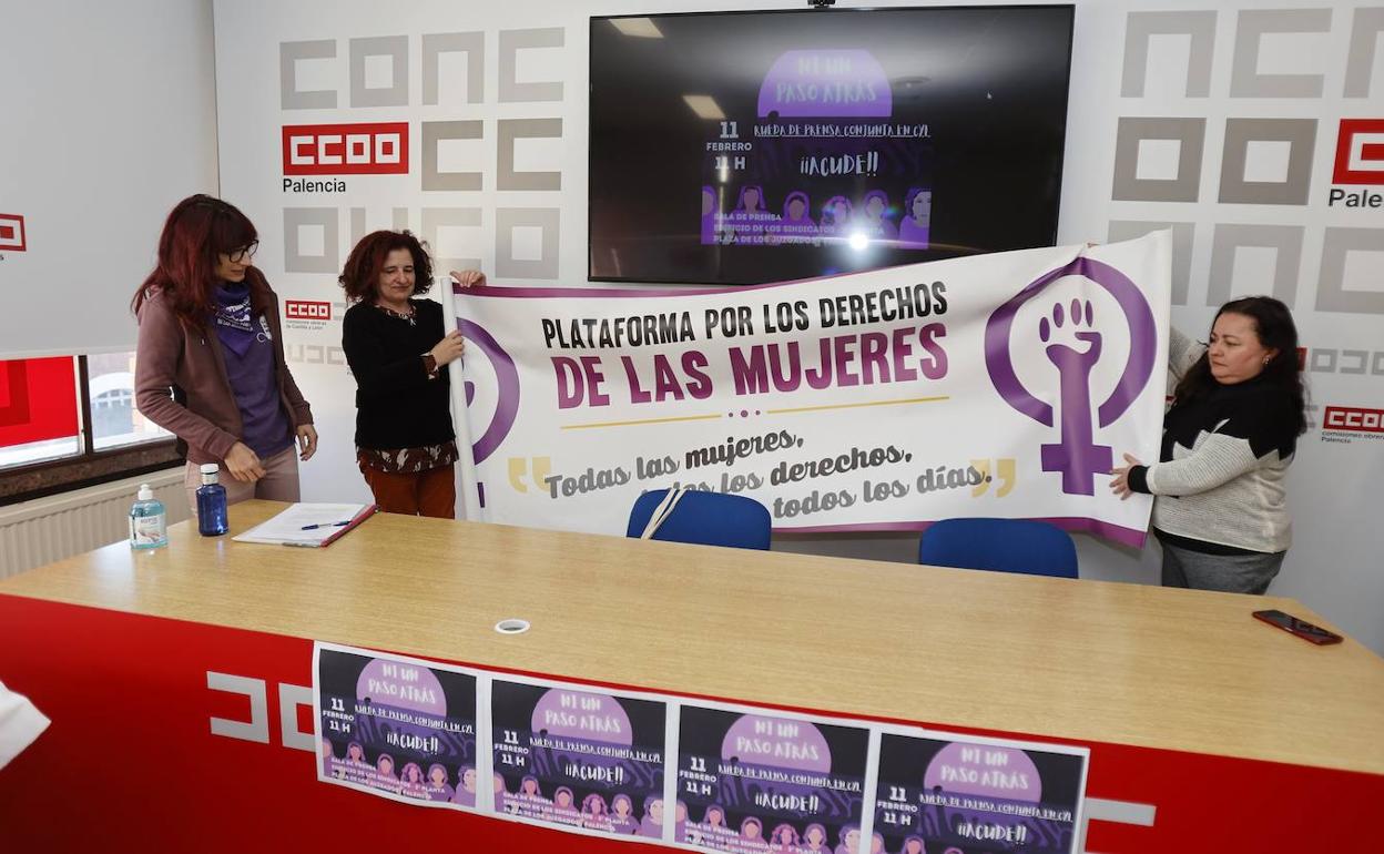 Representantes de la Plataforma por los Derechos de las Mujeres de Palencia, este sábado. 