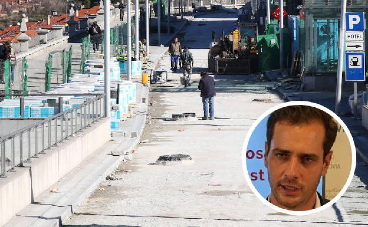 Obras en la avenida Padre Claret de Segovia, y en el círculo, el portavoz del PP municipal, Pablo Pérez. 