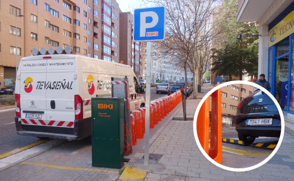 Nueva señal que advierte de la presencia de la estación (aún inoperativa) y detalle de los topes para aislar los anclajes de los coches en el calle Hernando de Acuña.