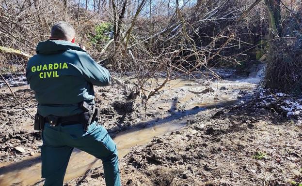 Un guardia civil del Seprona inspecciona el lugar donde se ha hallado el vertido en el Eresma, este viernes. 