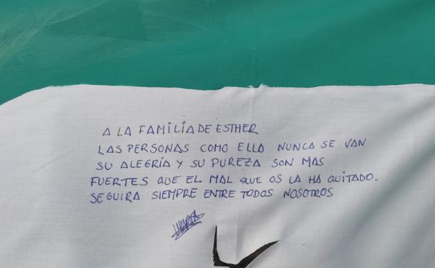 Imagen principal - Algunas de las dedicatorias que pueden leerse en la pancarta gigante que pide justicia para la joven. 