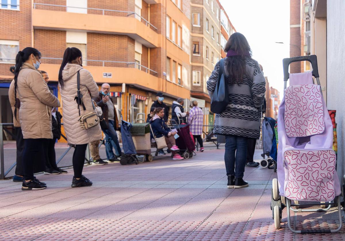 Vallisoletanos esperan en cola a recibir lotes de alimentos.