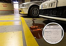 El líquido anticongelante, en el suelo del aparcamiento. En detalle, el aviso de la Policía Municipal al propietario.