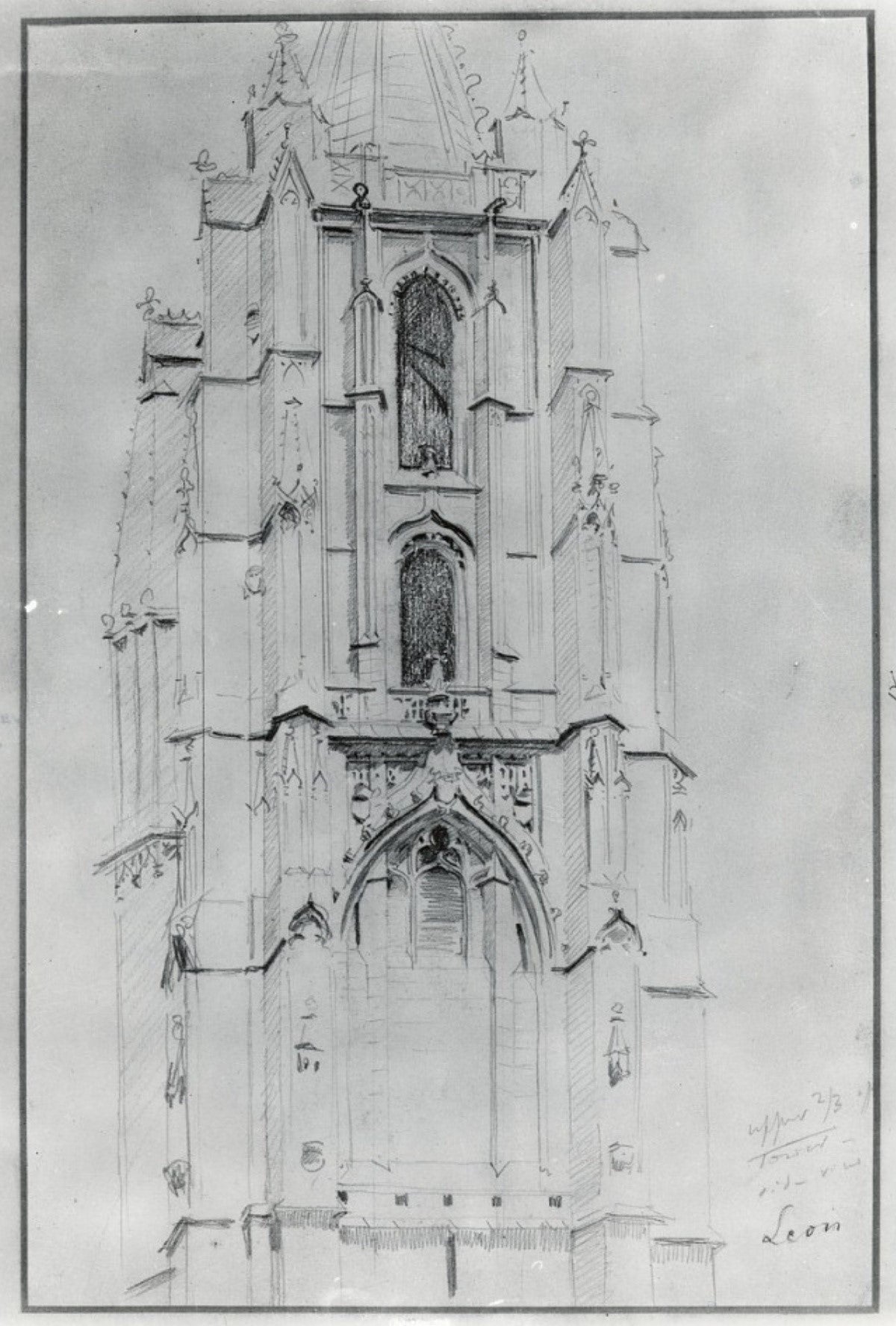 Dibujo de la Catedral de León / (fotografiada por Peter A. Juley y su hijo) Ilustraciones de Sargent Exhibition, Royal Academy, 1926 / Publicado por la autoridad de la Royal Academy, Londres: Walter Judd, Ltd, 1924, pg. 110.