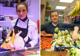 Raquel Mayo y Óliver Porro, del Mercado del Val, muestran alimentos idóneos para afrontar la cuesta de enero.