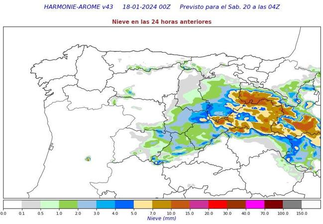 Mapa de la Aemet de la acumulación de nieve prevista para las próximas horas en Castilla y León.