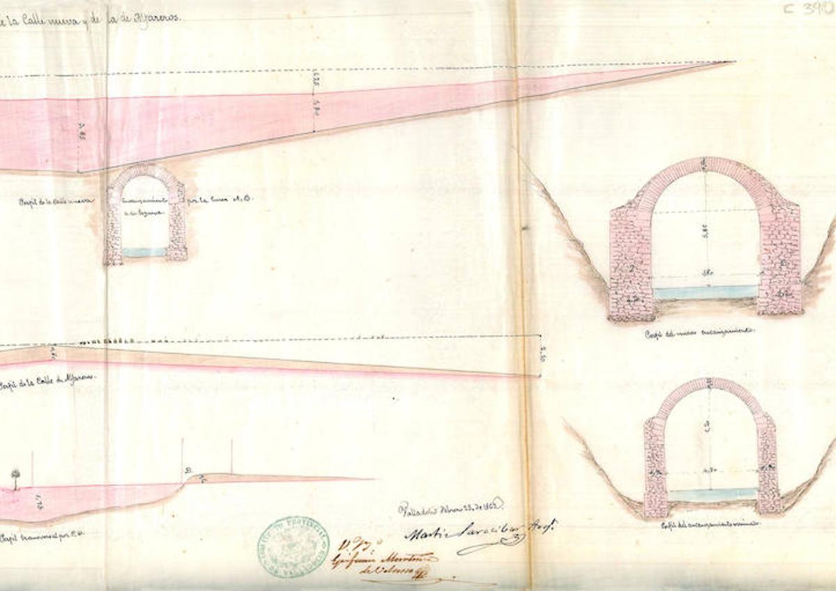 Imagen secundaria 1 - Representación sobre ortofografía actual de los puentes sobre los antiguos cauces del Esgueva, proyectos de encauzamiento del Esgueva y Fotografía aérea de la calle Doctrinos, completamente rellenada y antes de su urbanización, fechada hacia 1930.