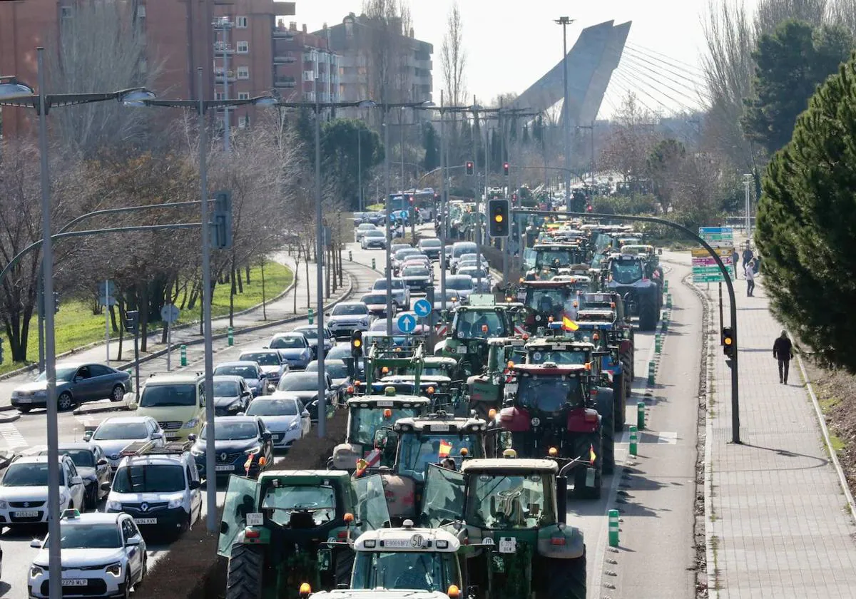 Los tractores, en la avenida de Salamanca, durante lo movilización del viernes en Valladolid.