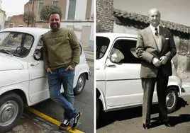Pablo Sanz, hace unos días, y su abuelo Miguel Martínez, en los años 90, junto al Seat 600 D que ha regresado a Medina del Campo.
