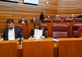 Luis Tudanca y Patricia Gómez Urbán, junto al escaño vacío de Ángel Hernández.